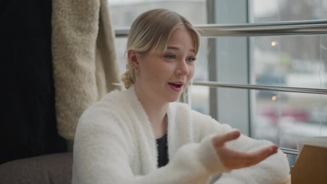 Medium close-up of young woman seated by window in cafe, extending both hands with palms up in pleading or explanatory gesture while leaning forward; serious expression and focused eye contact
