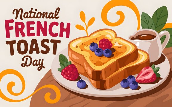 National french toast day with toast, raspberries, blueberries, and syrup breakfast