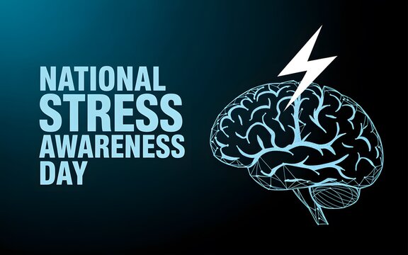 National stress awareness day featuring a digital wireframe brain and lightning bolt