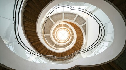 Fototapeta premium A wide-angle photograph captures a grand, spiraling staircase ascending towards a central skylight. The staircase is constructed of light-colored wood and white concrete, with a black metal railing.