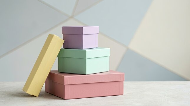 A stack of colorful gift boxes sits on a textured surface. The boxes are arranged in a layered composition, showcasing a range of pastel shades including pink, purple, green, and yellow.