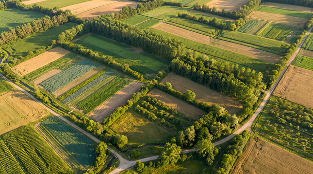 Agroforestry landscape combining trees and agricultural crops to support biodiversity, soil conservation, and sustainable food production