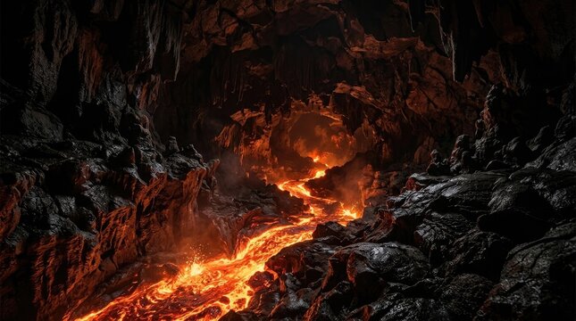 A fiery river of lava flows through a dark, cavernous cave. Molten rock illuminates the jagged, black stone walls and ceiling, creating a dramatic and intense scene.