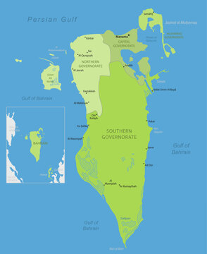 Bahrain - Detailed, modern map of the country with cities, capitals, internal territorial boundaries, and major water features. Vector illustration.