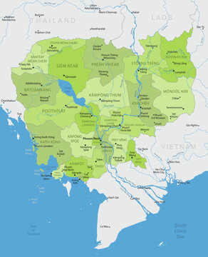 Cambodia - Detailed, modern map of the country with cities, capitals, internal territorial boundaries, and major water features. Vector illustration.