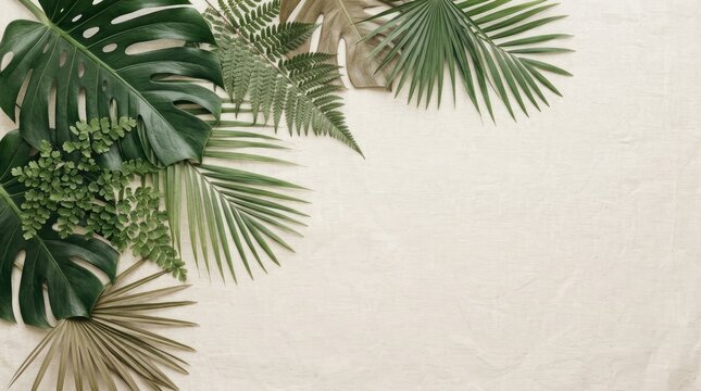 Several tropical leaves are arranged on a textured, beige background. A monstera leaf, a fern, and a palm leaf are prominently featured.