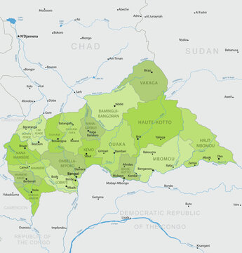 Central African Republic - Detailed, modern map of the country with cities, capitals, internal territorial boundaries, and major water features. Vector illustration.