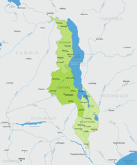 Malawi - Detailed, modern map of the country with cities, capitals, internal territorial boundaries, and major water features. Vector illustration. © gt29