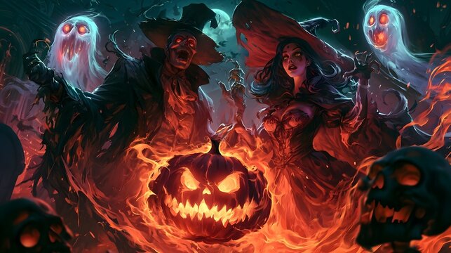 Spooky Halloween scene with ghosts, witches, and a jack o lantern in flames
