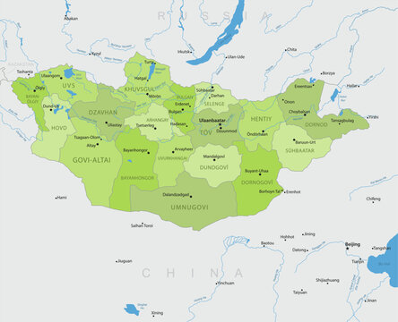 Mongolia - Detailed, modern map of the country with cities, capitals, internal territorial boundaries, and major water features. Vector illustration.