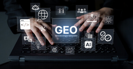 Naklejka premium Digital marketing concept featuring GEO strategy, optimizing content for AI search engines and large language models. Evolution of SEO, brand authority, and AI citation visibility. Corpus