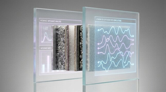 Detailed cross-section model of a solid-state battery cell flanked by transparent digital screens analyzing interface impedance and lithium-ion diffusion paths.