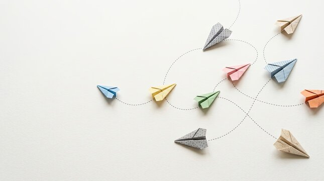 Several colorful origami paper airplanes are arranged on a white surface, connected by dotted lines, suggesting a network or journey.