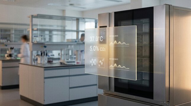 State-of-the-art biomedical refrigeration unit in a modern clinical setting with a holographic interface tracking cellular mitosis rates, internal temperature, and gas composition.
