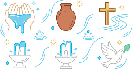Naklejka premium Christian Baptism and Spiritual Renewal Vector Set with Holy Water Hands, Clay Pitcher, Fountain, Wooden Cross, and Dove Elements