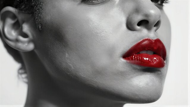 Bold red lips contrast against monochrome skin, capturing allure and intensity.