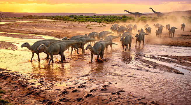 Prehistoric hadrosaur herd crossing a muddy river at sunset. Dinosaurs splashing in water with rising dust. Ancient era wildlife landscape