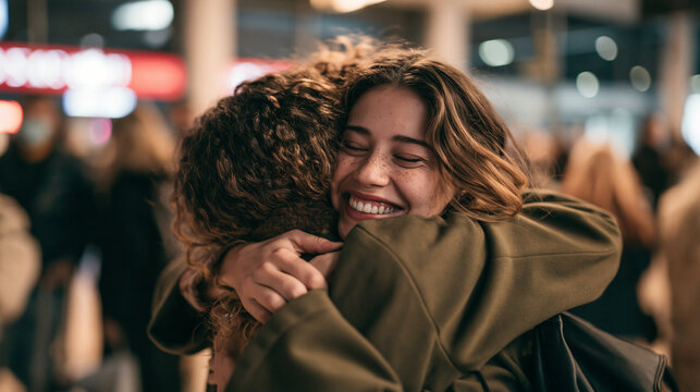 Happy Friends Embracing in a Warm Emotional Hug, Genuine Friendship and Joyful Reunion