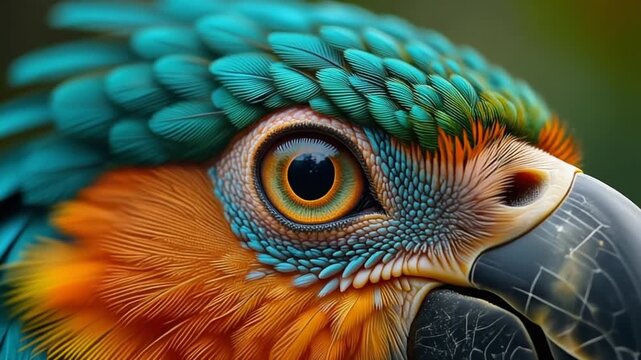 Macro Close Up of Tropical Bird Eye and Delicate Feathers, Vibrant Blue and Orange Plumage Texture, Detailed Wildlife Cinematic Portrait