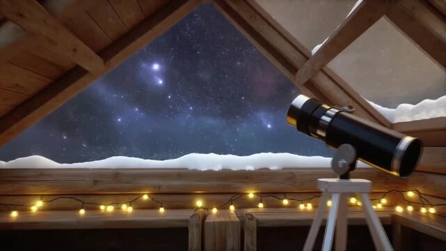 Telescope observing night sky motion inside rustic wooden attic window with twinkling warm fairy lights video