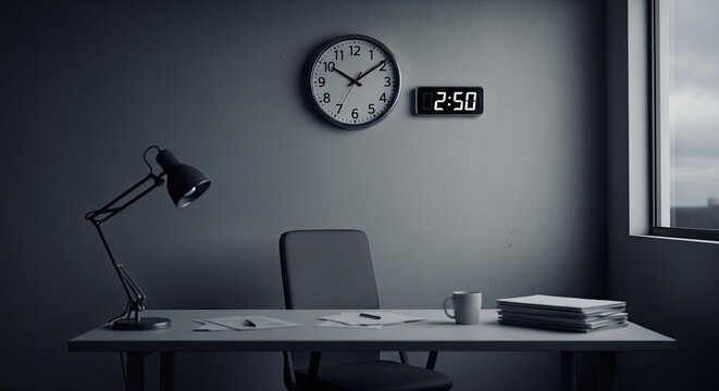 A black wall clock and a digital clock display the time 2:50. A black desk lamp illuminates a simple desk with papers and a mug.