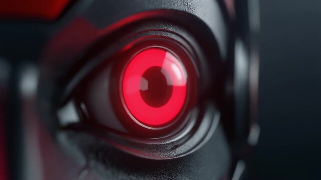 Macro Focus on a Glowing Red Robotic Eye Sensor in Dark Metallic Environment, Futuristic Sci-fi Motion Graphic
