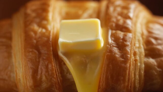 Macro Focus on Melting Butter Seeping into Flaky Layers of a Golden Croissant, Close-up Bakery and Breakfast Scene