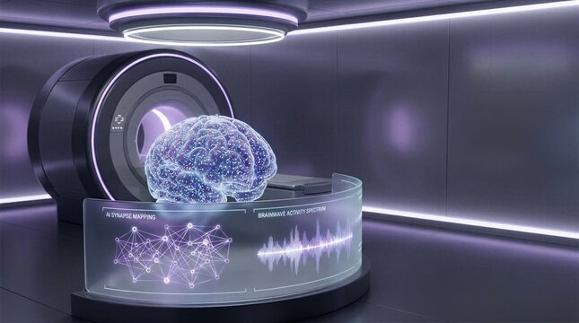 Advanced neuroimaging medical room featuring a glowing holographic human brain with digital panels analyzing AI synapse mapping and brainwaves.
