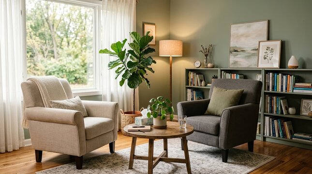 A cozy living room scene features two armchairs, a bookshelf, and a potted plant. A wooden table sits between the chairs, holding a glass of water and a stack of books.