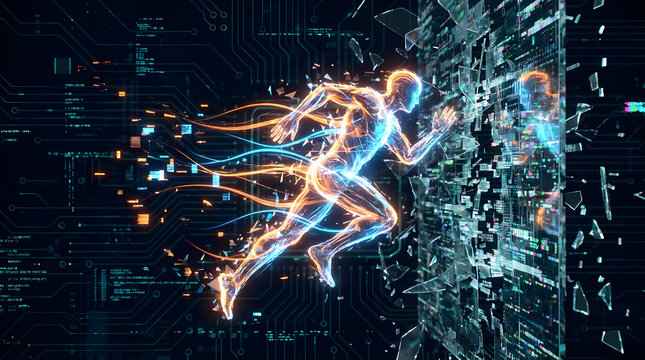 Futuristic Human Figure Breaking Through Digital Barrier, Representing AI, Technology, and Innovation