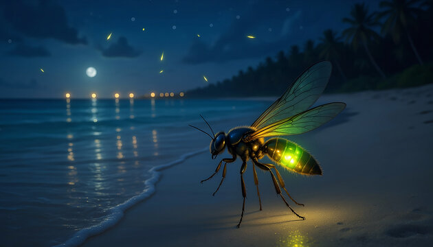 Firefly Glowing on a Tropical Beach at Night Generative AI
