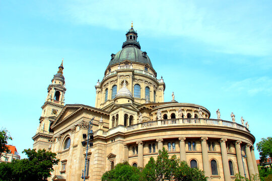 BUDAPEST, HUNGARY - AUGUST 30, 2025: St Stephen's Basilica. The building features Neo-Renaissance architecture and a 96 meters high dome, matching the height of the Hungarian Parliament Building