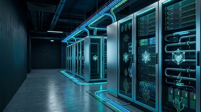 Futuristic data center with glowing blue and green server racks and network cables representing advanced technology and information flow.