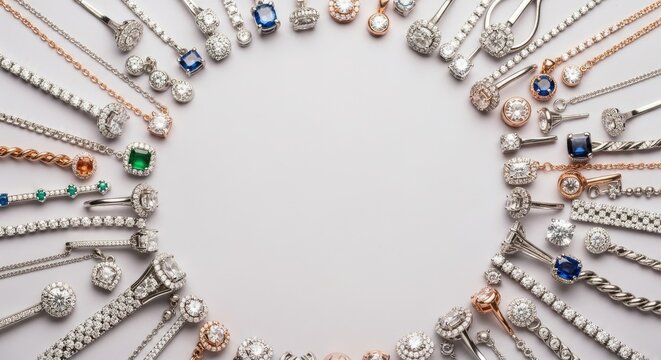 A collection of necklaces and piercings arranged in a circular pattern on a white surface.