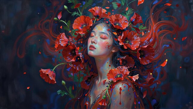 A serene woman surrounded by vibrant red poppies in a dreamlike, flowing setting.