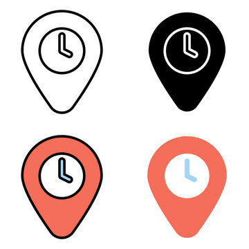 Map location pin icons featuring a clock symbol for time, navigation, travel scheduling, and appointment marker tracking - Vector illustration.