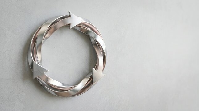 A polished silver ring features three arrows spiraling around a central circle. The arrows are angled in different directions, creating a dynamic and continuous loop.