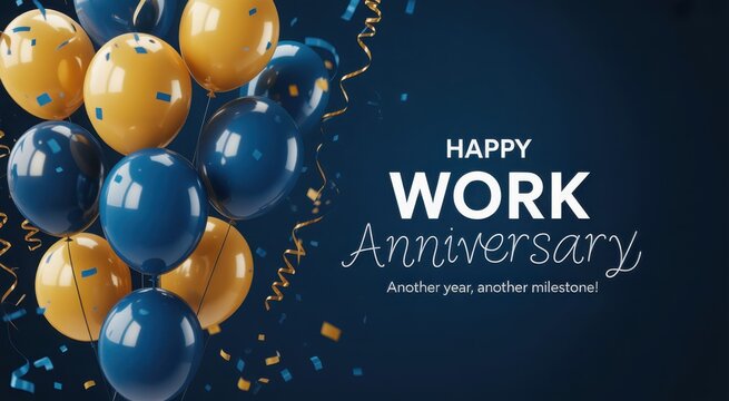Happy work anniversary greeting with blue and gold balloons