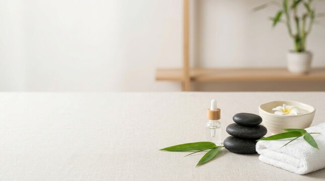 A light-colored linen surface displays a small glass dropper bottle filled with a clear liquid, accompanied by black river stones, a folded white towel, and a few bamboo leaves.