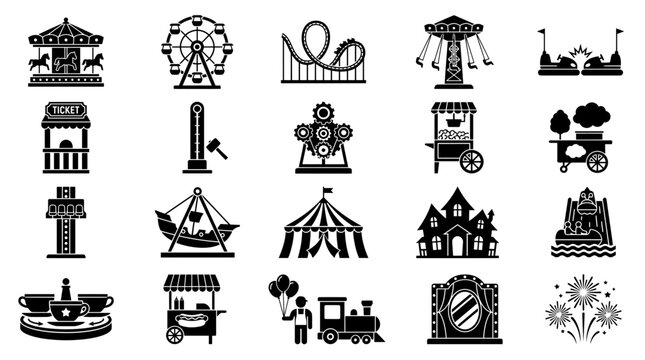 Black vector amusement park icon set displayed neatly against a white background, highlighting graphic carnival rides and food stands for outdoor fun and event branding