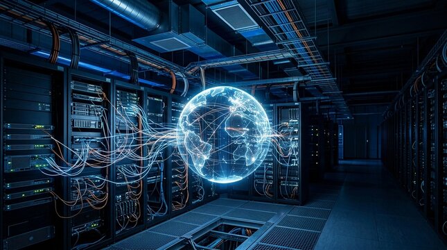 Futuristic global data network visualization within a modern server room showcasing digital connections and information flow.