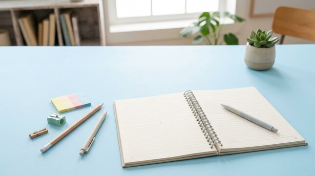 A light blue desk holds an open spiral notebook, a pencil sharpener, a pencil, a pen, and colorful sticky notes. A succulent sits on a small pot on the desk.