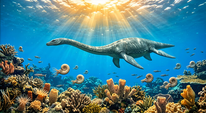 Plesiosaur swimming over a colorful coral reef. Prehistoric marine reptile in clear blue water with ammonites and sunbeams