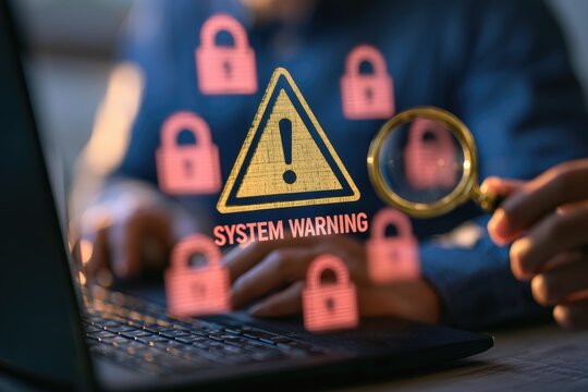 Cybersecurity Warning System Alert with Padlocks and Magnifying Glass.
