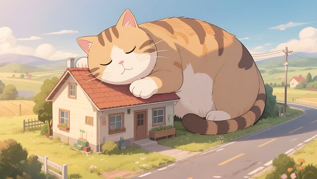 のどかな田舎の一軒家の屋根の上にもたれて気持ちよさそうに居眠りをする巨大な可愛い猫