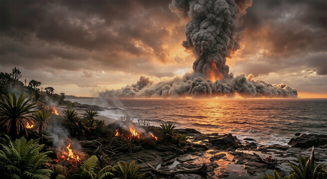 Prehistoric shoreline impact with a gigantic smoke plume. Coastal fires burning vegetation under a dark sky with an amber glow