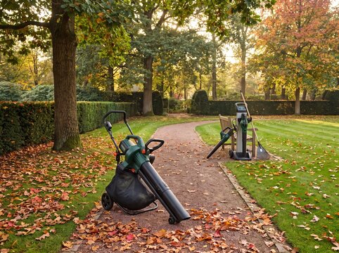 Electric leaf vacuum and blower tools placed on a garden path during the autumn season with surrounded fallen autumn blower machine stands stands gravel