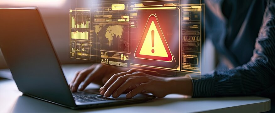 Cybersecurity alert on laptop screen with warning symbol and data analysis.