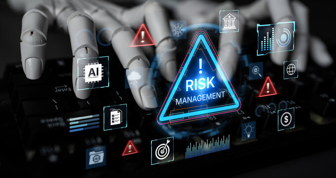 Futuristic risk management featuring AI agents analyzing data, detecting anomalies, and predict financial threats. Represents dynamic risk assessment, compliance, and cyber resilience. Corpus