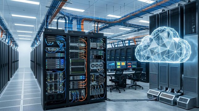 Modern data center infrastructure with connected cloud computing and advanced technology systems